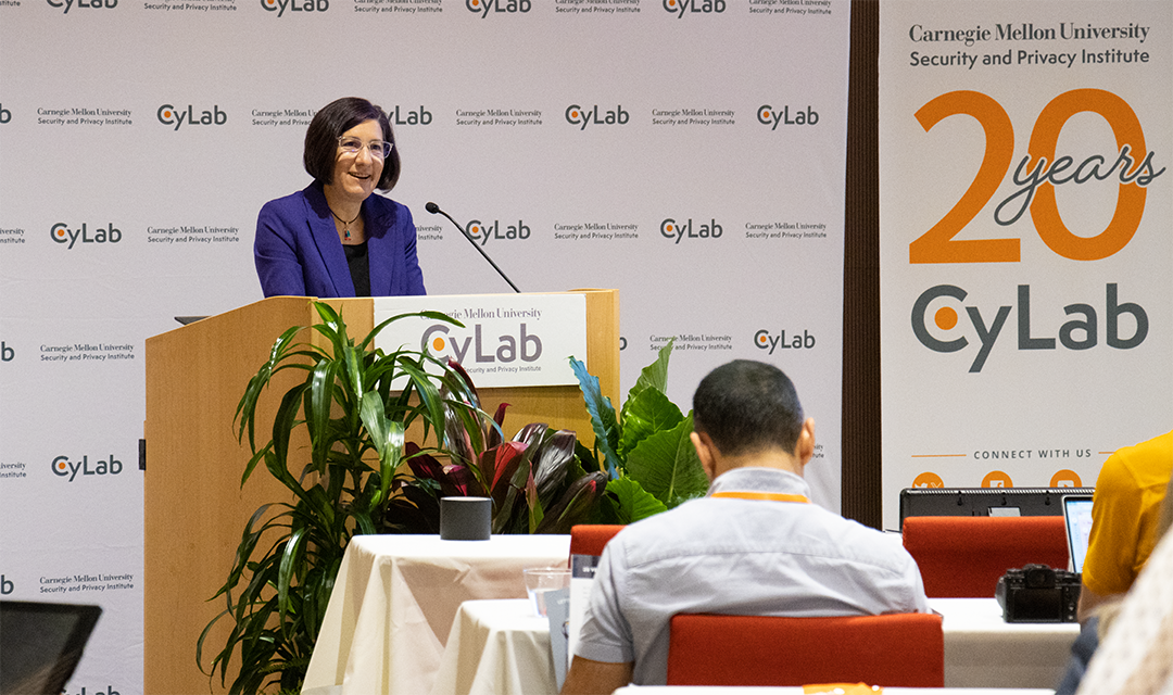 Photo of Lorrie Cranor lecturing at the CyLab Partners Conference