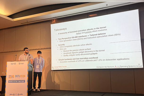 Photo of Tae Hoon Kim and David Rudo presenting their research at the  2024 International Symposium on Computer Architecture (ISCA