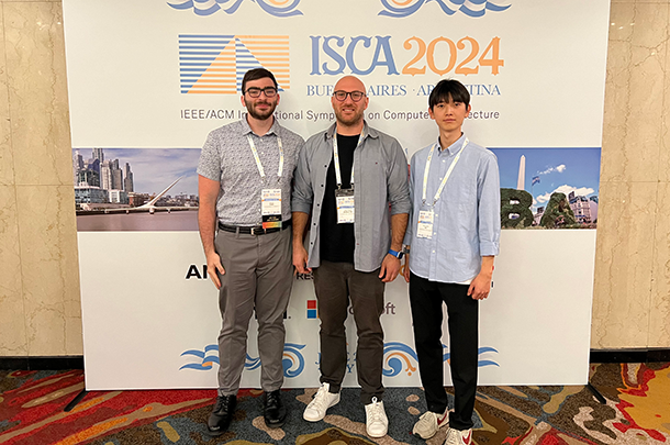 Photo of David Rudo, Dimitrios Skarlatos, and Tae Hoon Kim at ISCA 2024