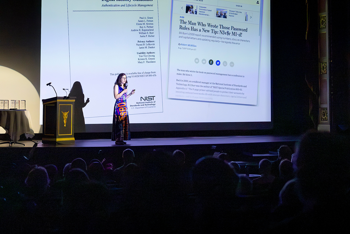 Image of Lorrie Cranor presenting on stage at the 2025 Stibitz-Wilson Awards
