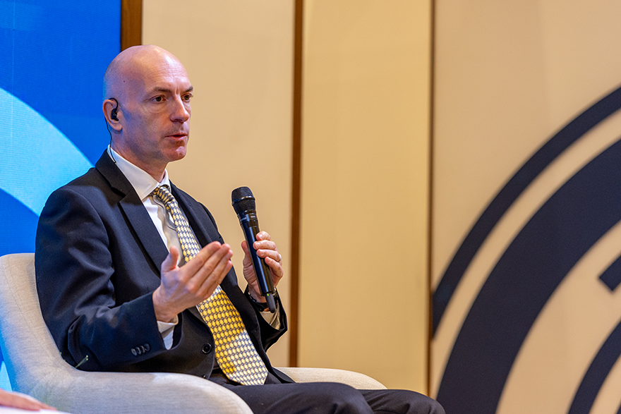 Photo of Nicolas Christin speaking at a panel at the 2025 Global Cybersecurity Forum