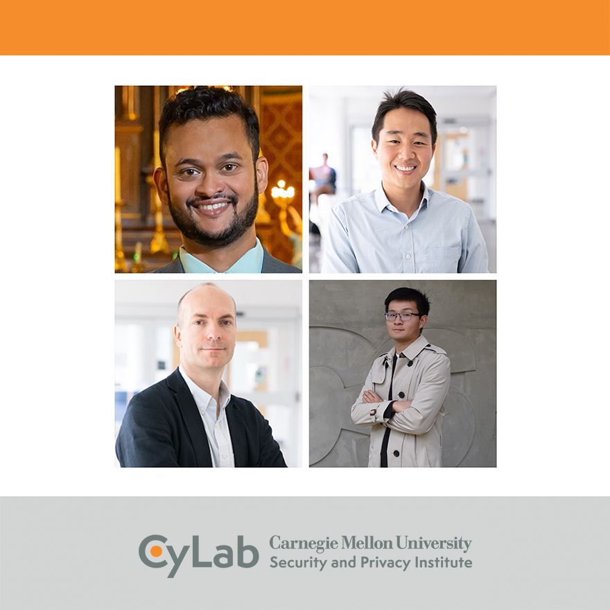 Decorative image featuring headshots photos of  Sauvik Das, Eunsuk Kang, Nicolas Christin, and  Enze Liu along with the CyLab logo