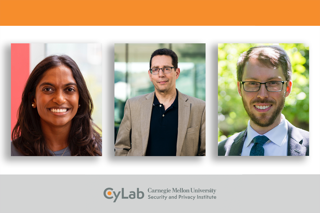 decorative image featuring headshot photos of Saranya Vijayakumar, Norman Sadeh, and Matt Fredrikson with the CyLab logo