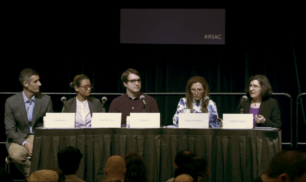 Lorrie Cranor (far right) and Lujo Bauer (far left) participate in a panel discussion at RSA.